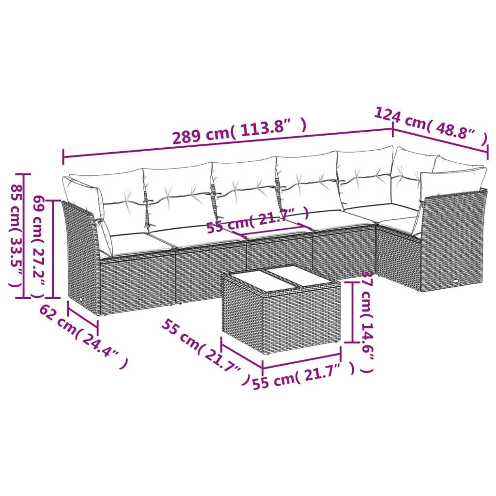 Set Divani da Giardino 7 pz con Cuscini Grigio in Polyrattan