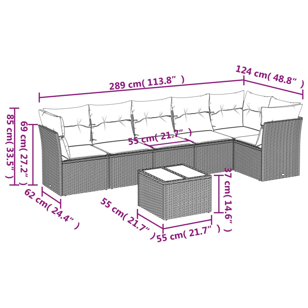 Set Divani da Giardino 7pz con Cuscini Grigio Chiaro Polyrattan