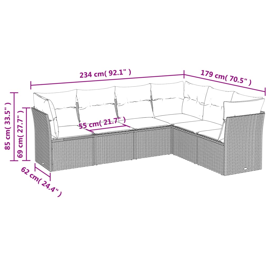 Set Divano da Giardino 6 pz con Cuscini Marrone in Polyrattan