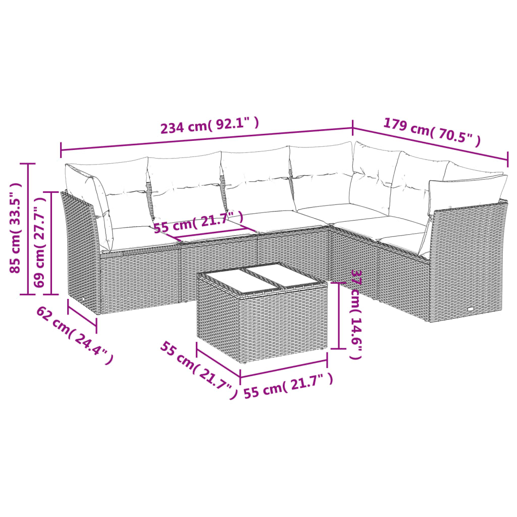 Set Divani da Giardino 7pz con Cuscini Grigio Chiaro Polyrattan
