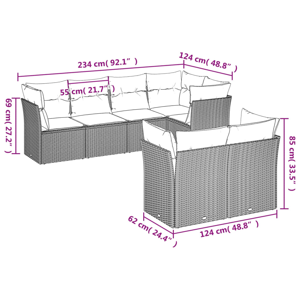 Set Divani da Giardino 7pz con Cuscini Grigio Chiaro Polyrattan