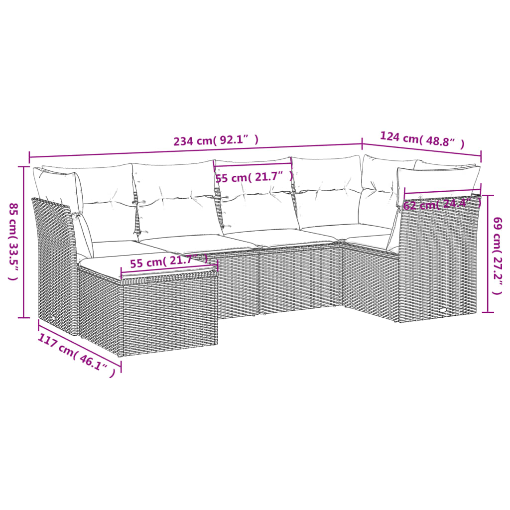 Set Divano da Giardino 6 pz con Cuscini Grigio in Polyrattan