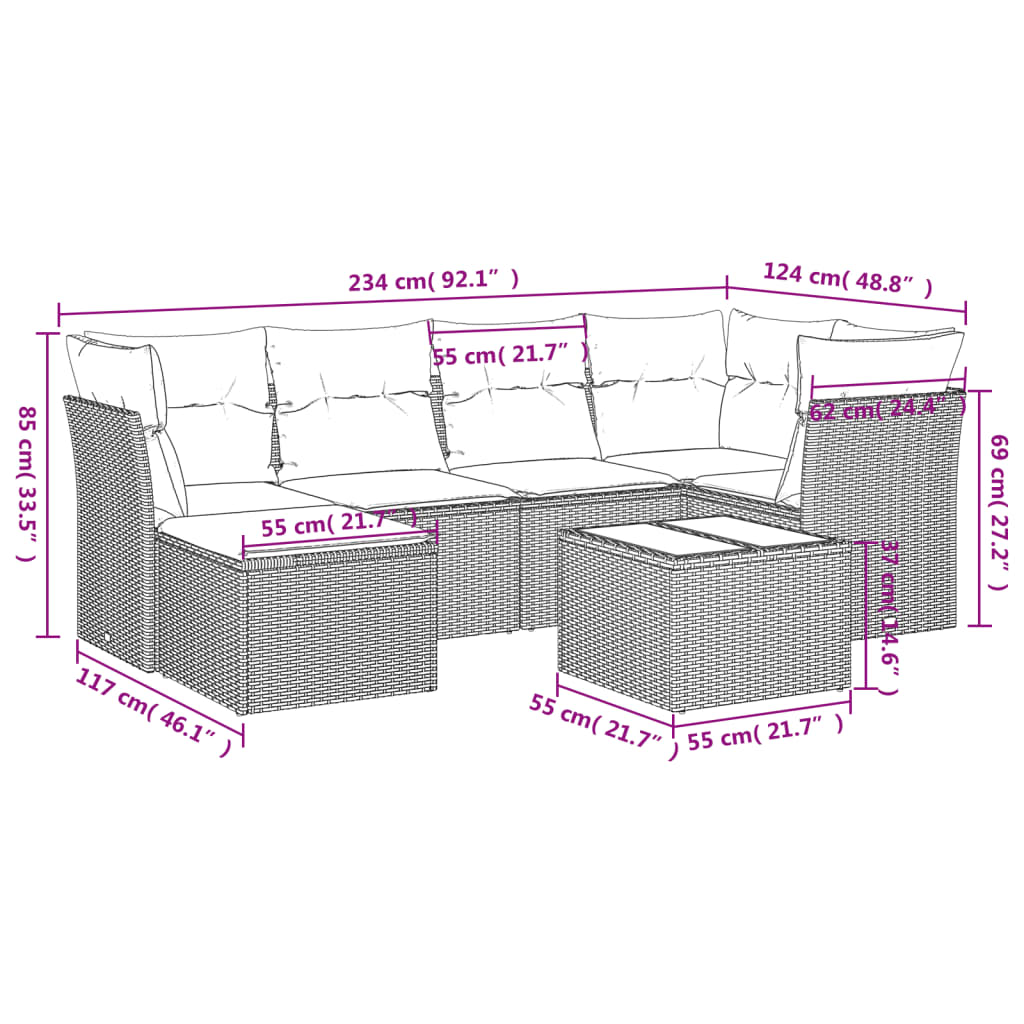 Set Divani da Giardino 7pz con Cuscini Grigio Chiaro Polyrattan