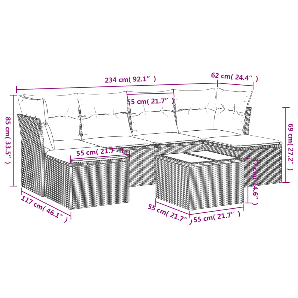 Set Divani da Giardino 7pz con Cuscini Grigio Chiaro Polyrattan