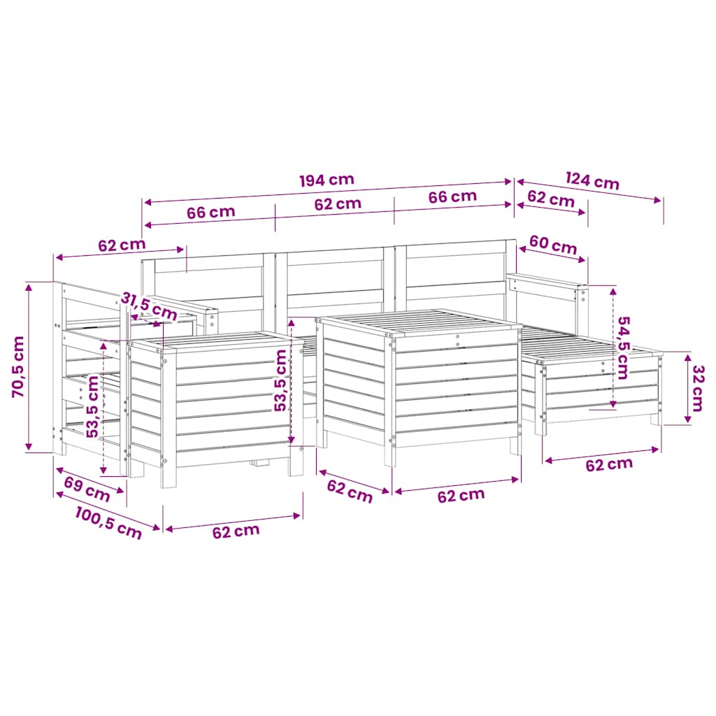 Set Divani da Giardino 7 pz Bianco in Legno Massello di Pino