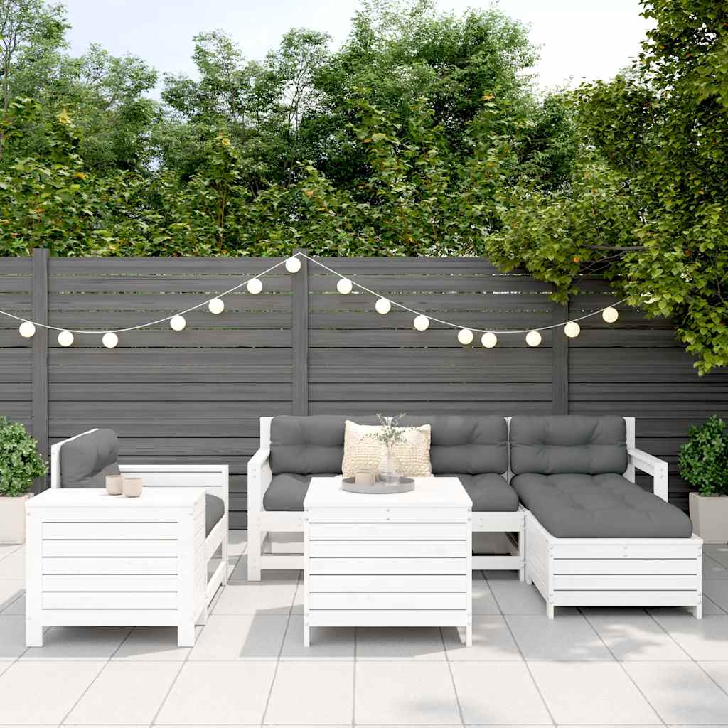 Set Divani da Giardino 7 pz Bianco in Legno Massello di Pino
