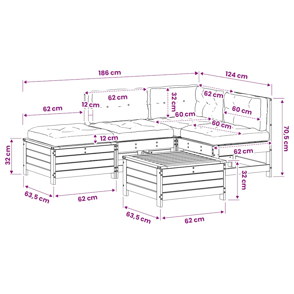 Set Divani da Giardino 5pz con Cuscini Legno Impregnato di Pino