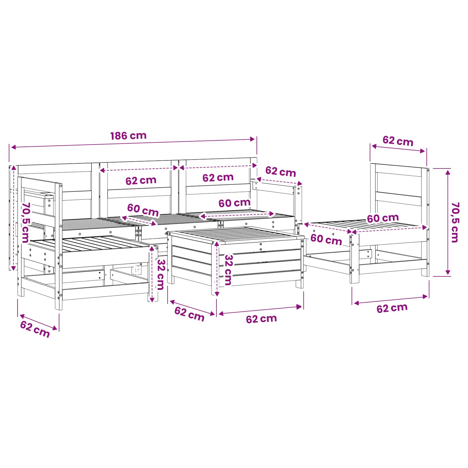 Set Divani da Giardino 6 pz Bianco in Legno Massello di Pino