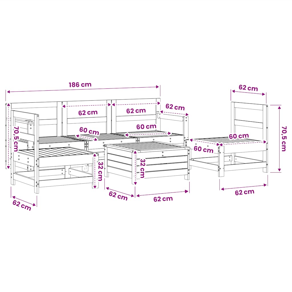 Set Divani da Giardino 6 pz Bianco in Legno Massello di Pino