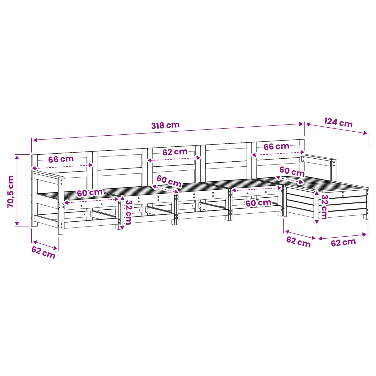 Set Divani da Giardino 6 pz Bianco in Legno Massello di Pino