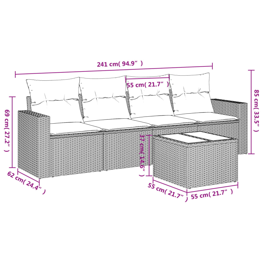 Set Divano da Giardino 5pz con Cuscini Grigio Chiaro Polyrattan