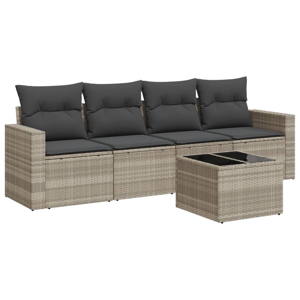 Set Divano da Giardino 5pz con Cuscini Grigio Chiaro Polyrattan
