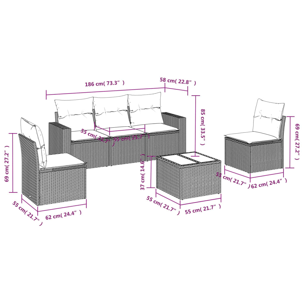 Set Divano da Giardino 6 pz con Cuscini Beige in Polyrattan