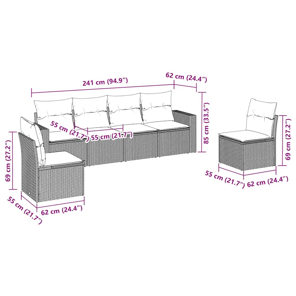 Set Divani da Giardino 6 pz con Cuscini Marrone in Polyrattan