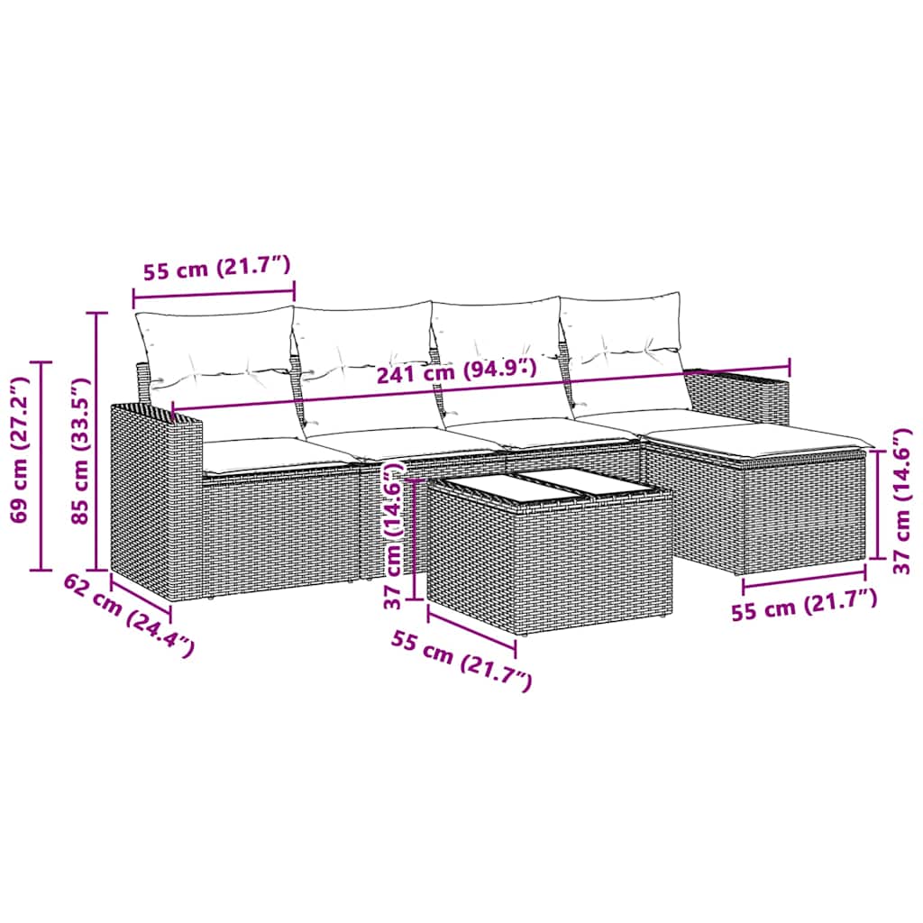 Set Divano da Giardino 6pz con Cuscini Grigio Chiaro Polyrattan