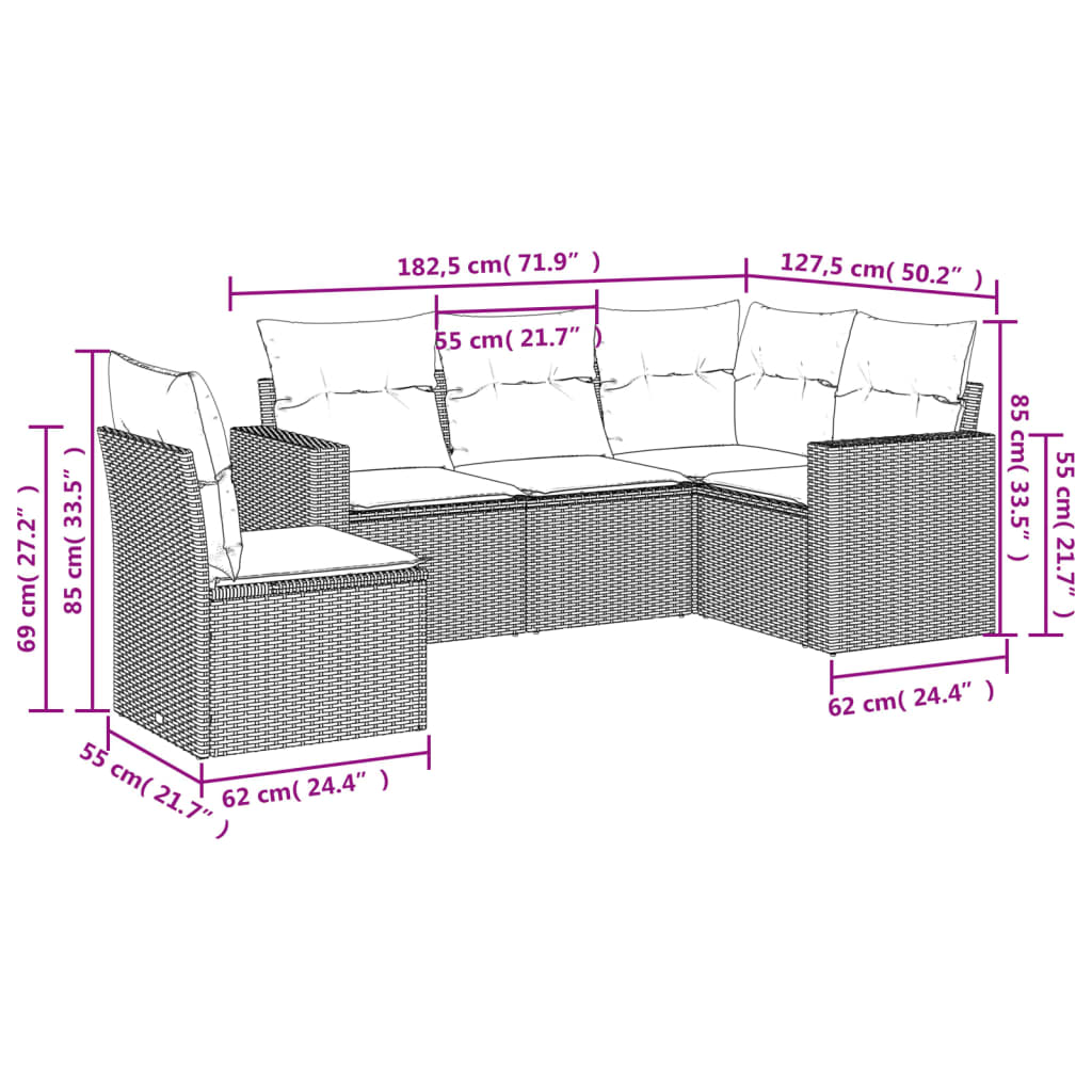 Set Divano da Giardino 5 pz con Cuscini Beige in Polyrattan