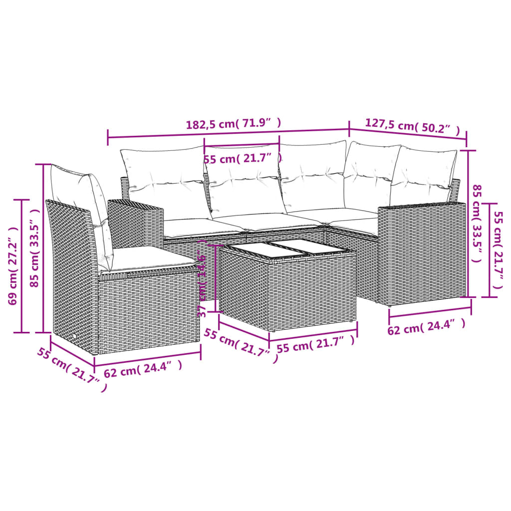 Set Divano da Giardino 6pz con Cuscini Grigio Chiaro Polyrattan