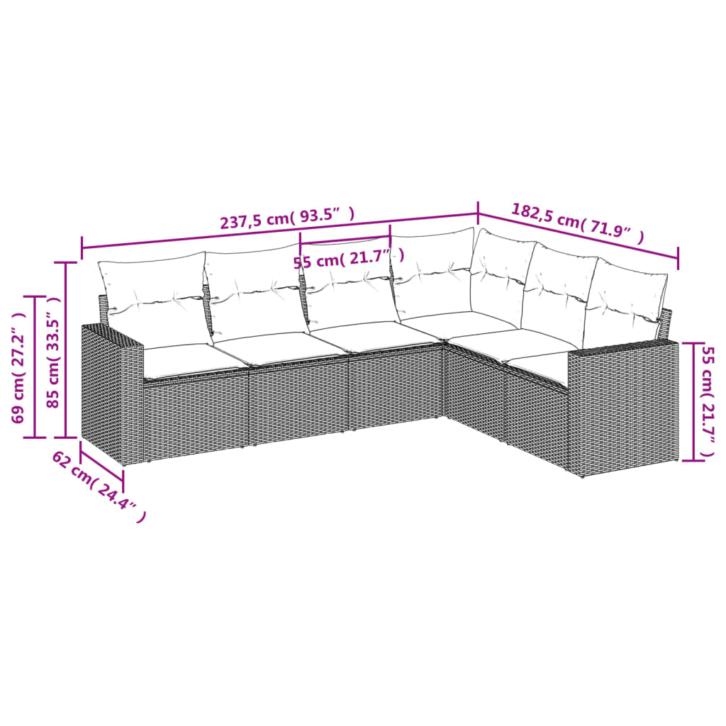 Set Divano da Giardino 6 pz Marrone in Polyrattan