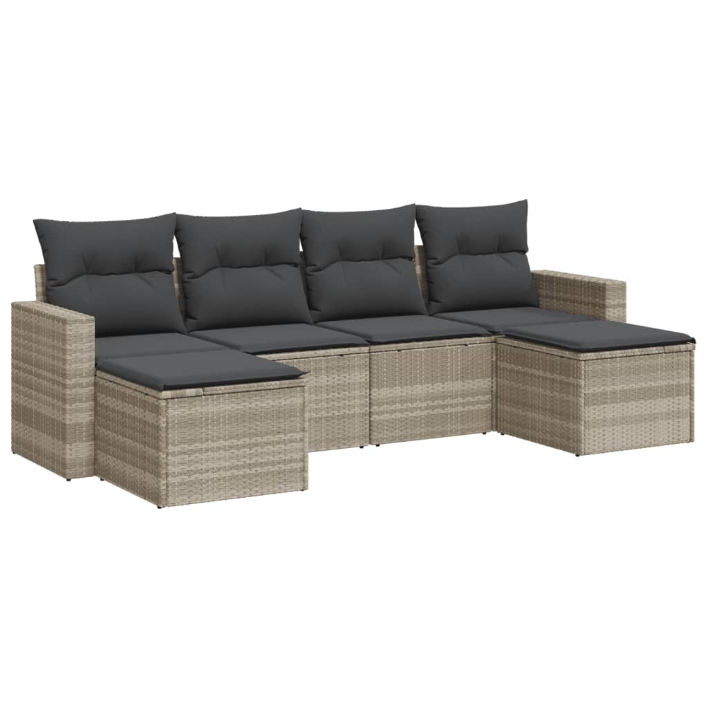 Set Divano da Giardino 6pz con Cuscini Grigio Chiaro Polyrattan