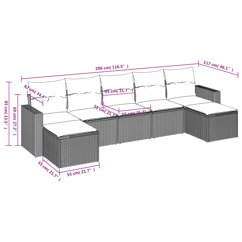 Set Divani da Giardino 7pz con Cuscini Grigio Chiaro Polyrattan