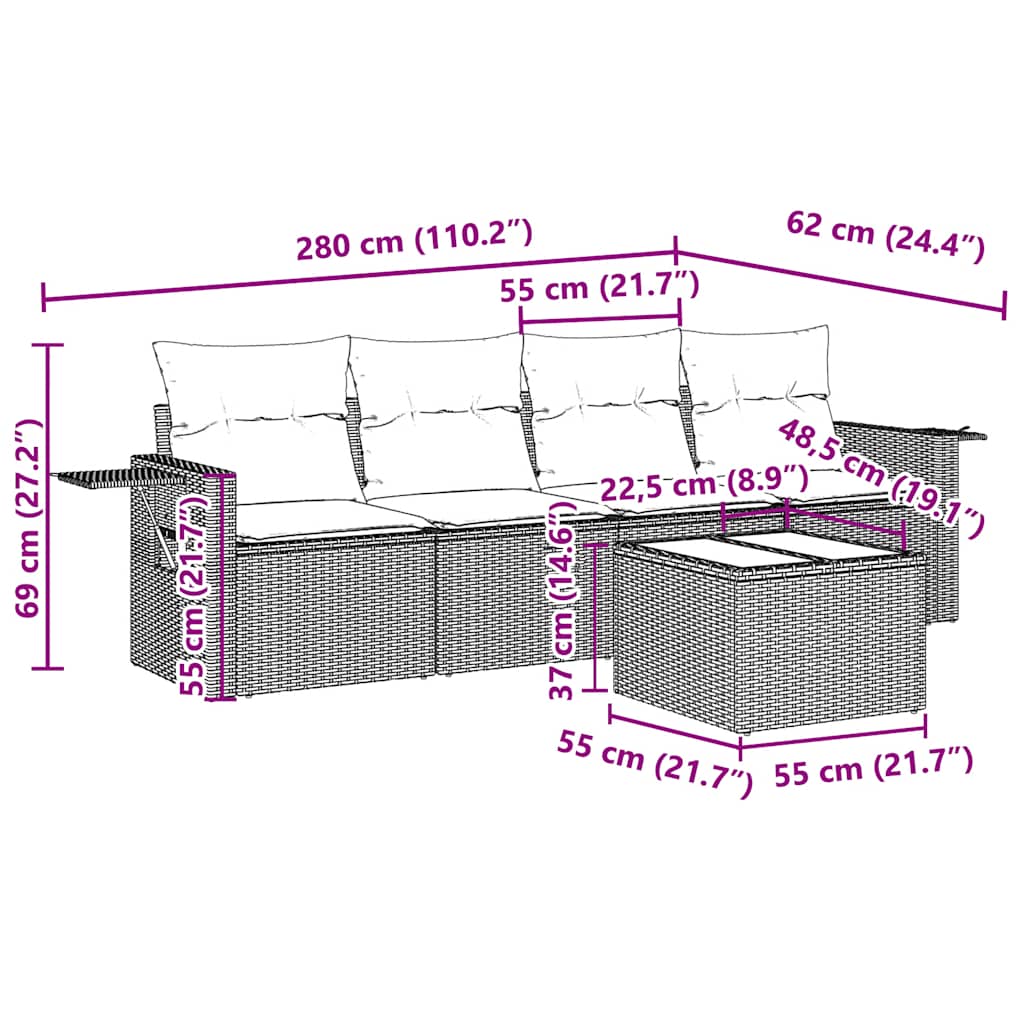 Set Divano da Giardino 5pz con Cuscini Grigio Chiaro Polyrattan