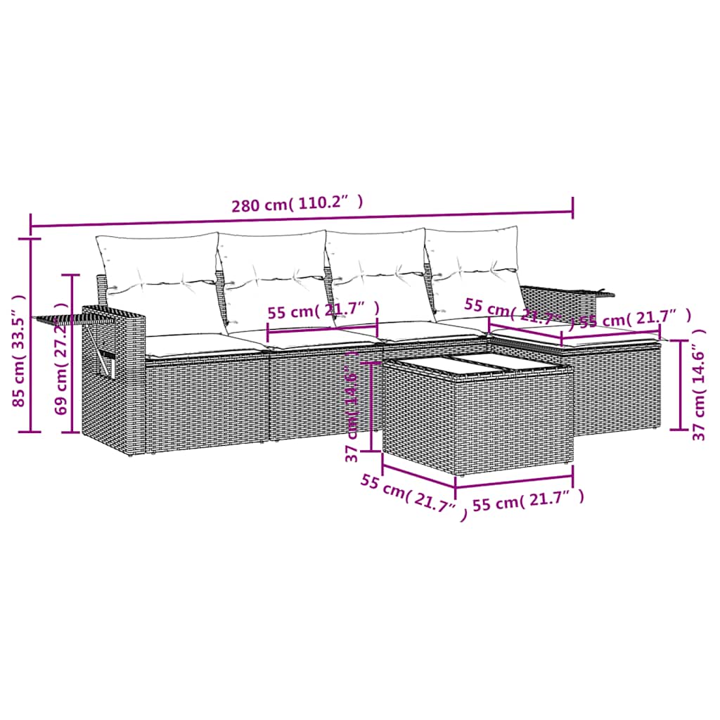 Set Divano da Giardino 6 pz con Cuscini Nero in Polyrattan