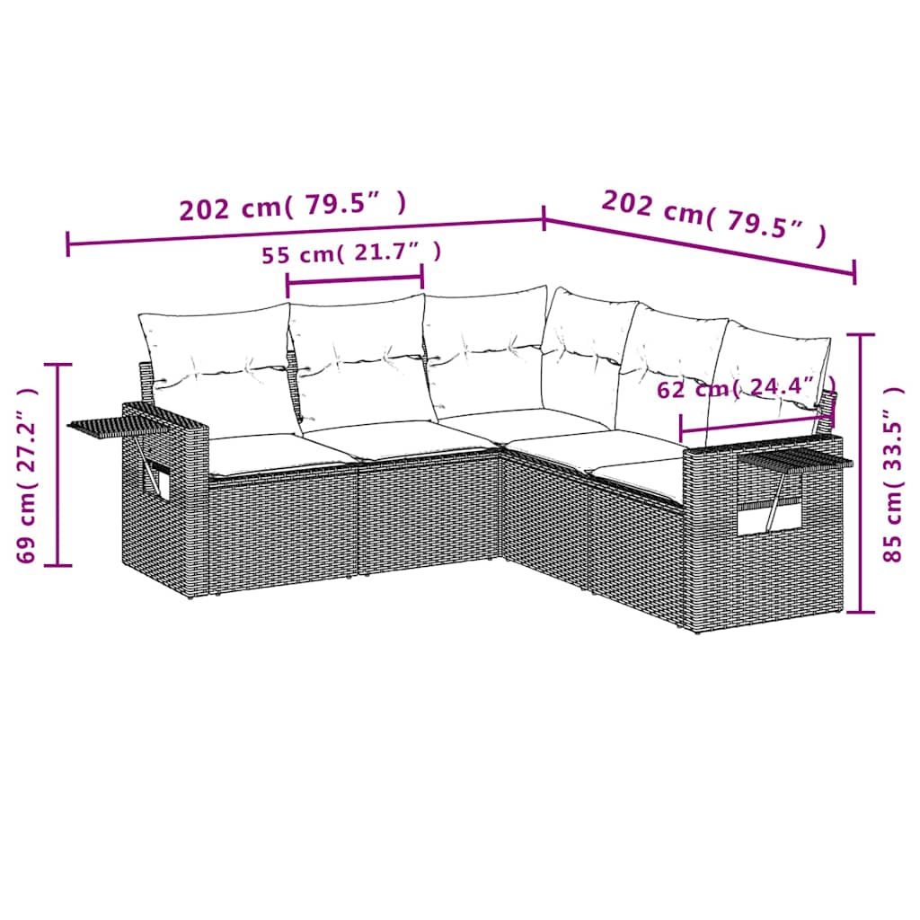 Set Divano da Giardino 5pz con Cuscini Grigio Chiaro Polyrattan