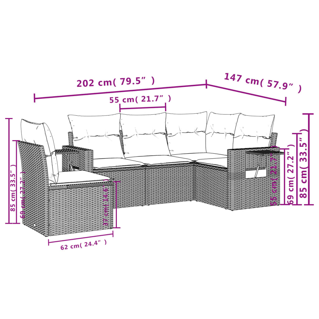 Set Divani da Giardino 5 pz con Cuscini Grigio in Polyrattan