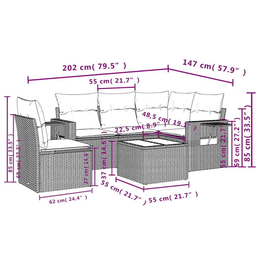 Set Divano da Giardino 6 pz con Cuscini Nero in Polyrattan