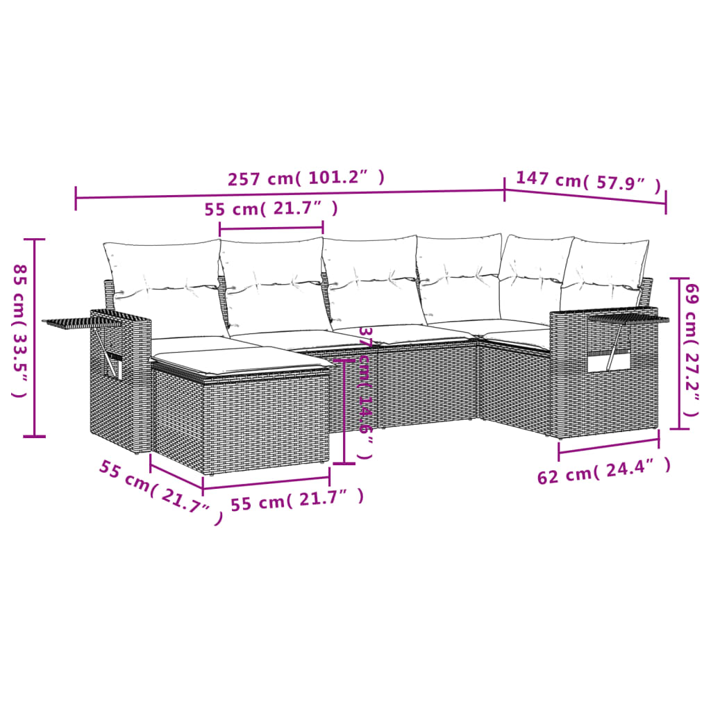 Set Divano da Giardino 6pz con Cuscini Grigio Chiaro Polyrattan