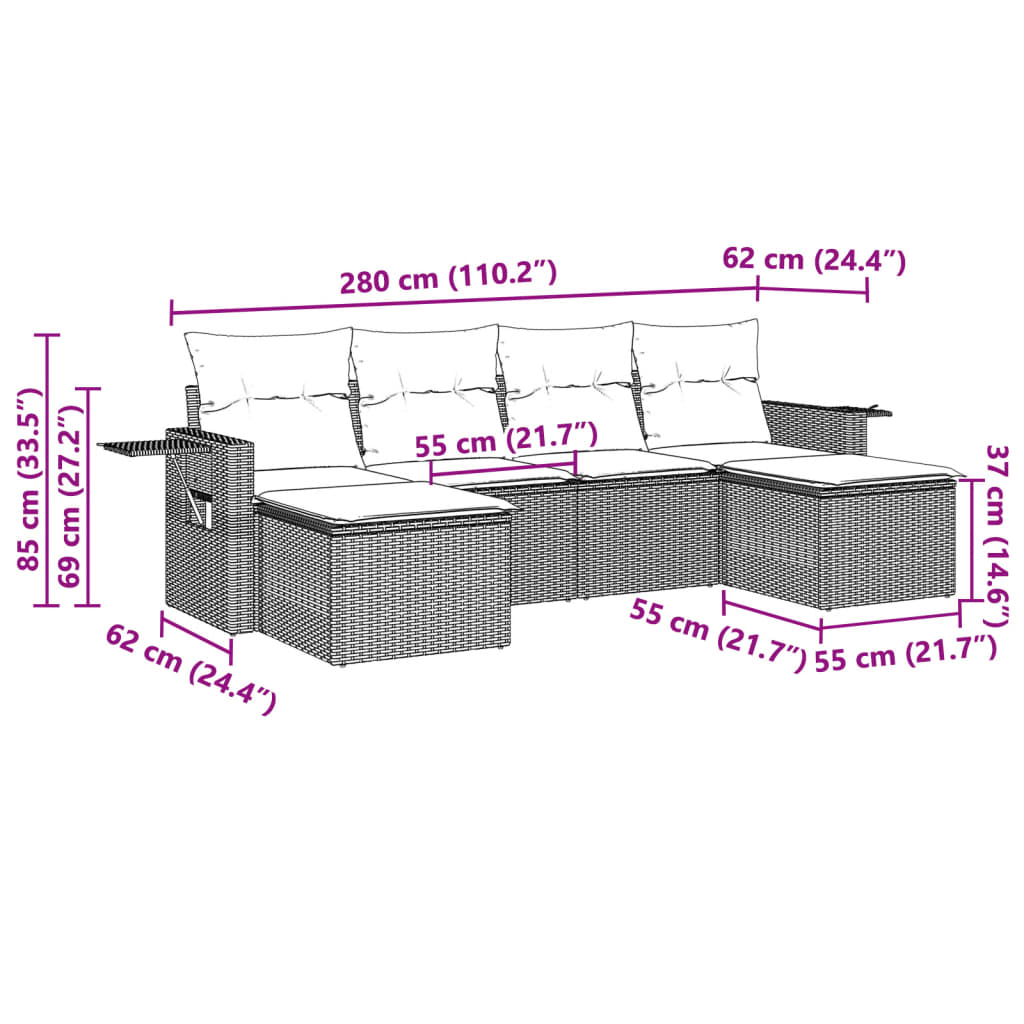 Set Divano da Giardino 6pz con Cuscini Grigio Chiaro Polyrattan