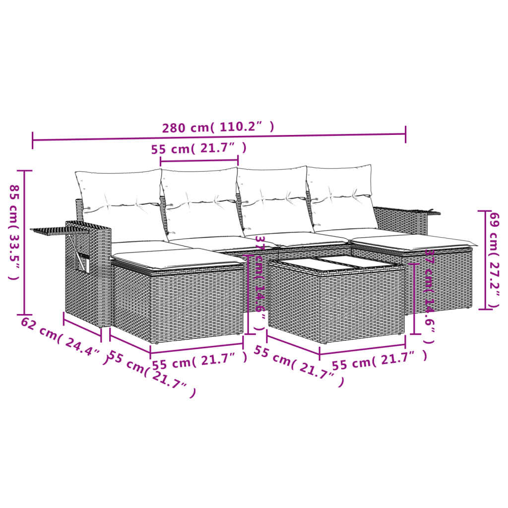 Set Divani da Giardino 7 pz con Cuscini Grigio in Polyrattan
