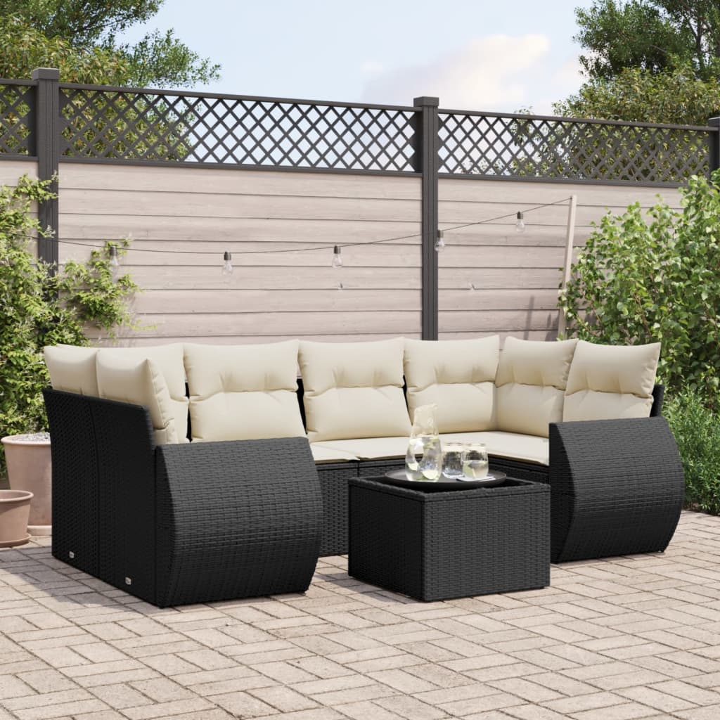 Set Divani da Giardino con Cuscini 7pz Nero Polyrattan