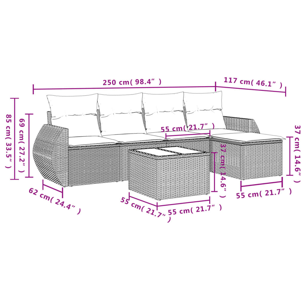 Set Divano da Giardino 6 pz con Cuscini Nero in Polyrattan