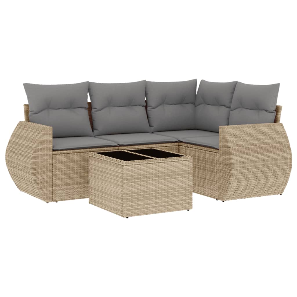 Set Divano da Giardino 5 pz con Cuscini Beige in Polyrattan