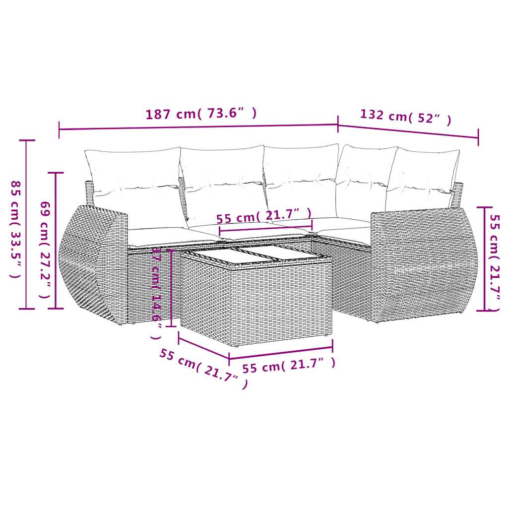 Set Divano da Giardino 5pz con Cuscini Grigio Chiaro Polyrattan