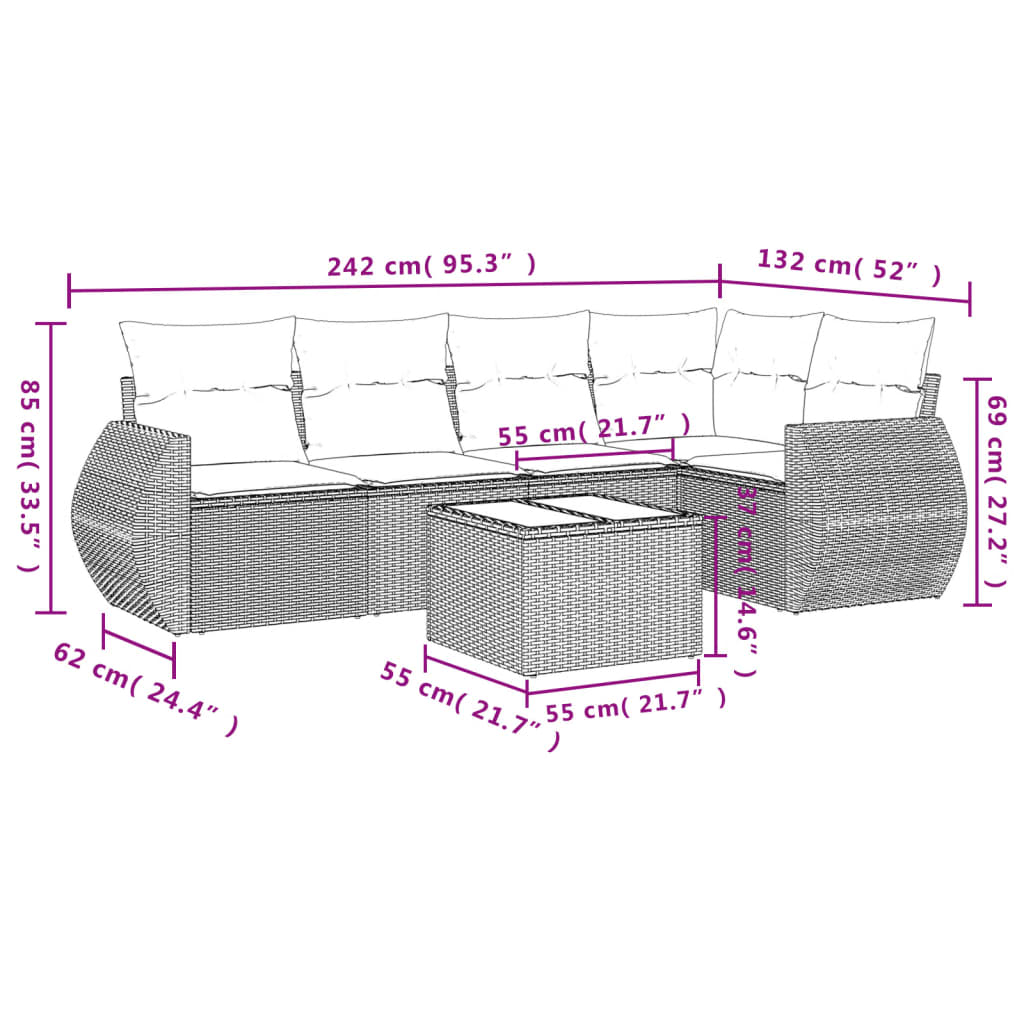 Set Divano da Giardino 6 pz con Cuscini Nero in Polyrattan