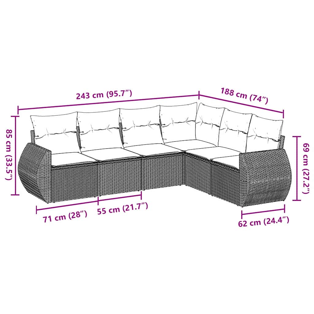 Set Divano da Giardino 6pz con Cuscini Grigio Chiaro Polyrattan