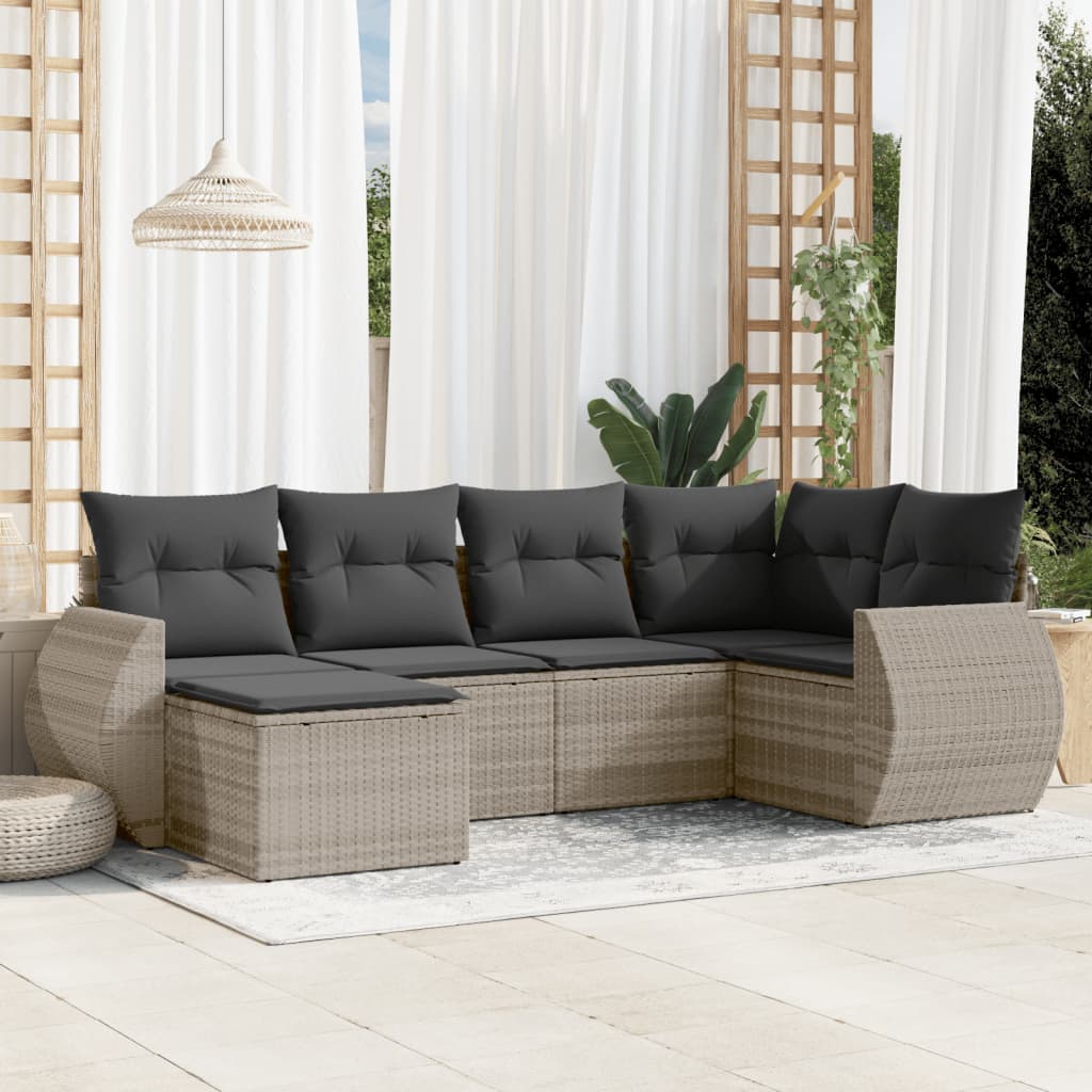 Set Divano da Giardino 6pz con Cuscini Grigio Chiaro Polyrattan