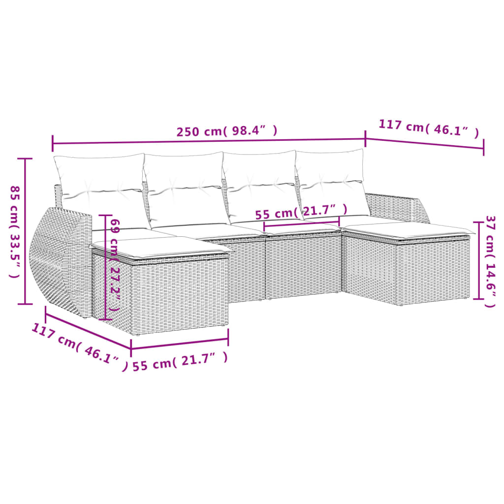 Set Divano da Giardino 6 pz con Cuscini Marrone in Polyrattan