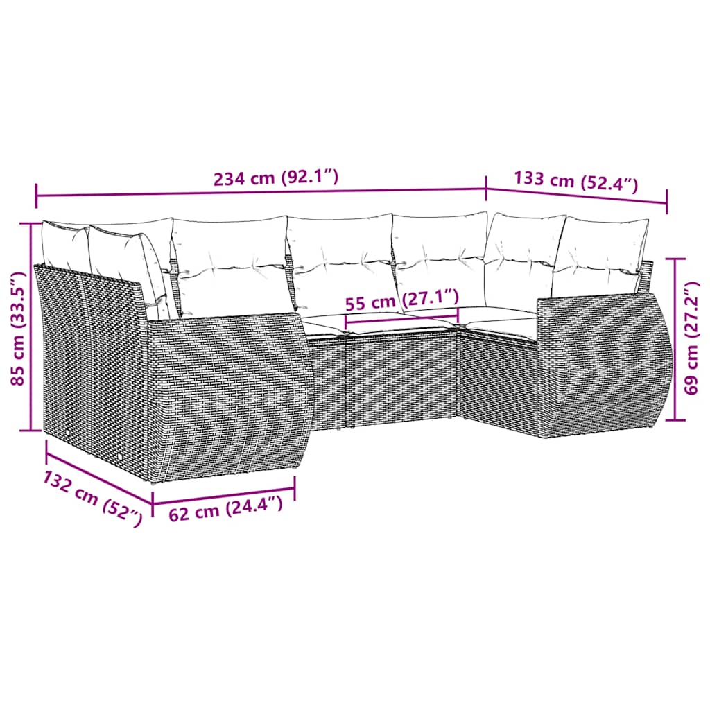 Set Divano da Giardino 6 pz con Cuscini Nero in Polyrattan
