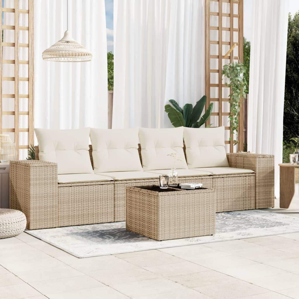 Salottino da esterno 5 pezzi beige in polyrattan con tavolo in vetro