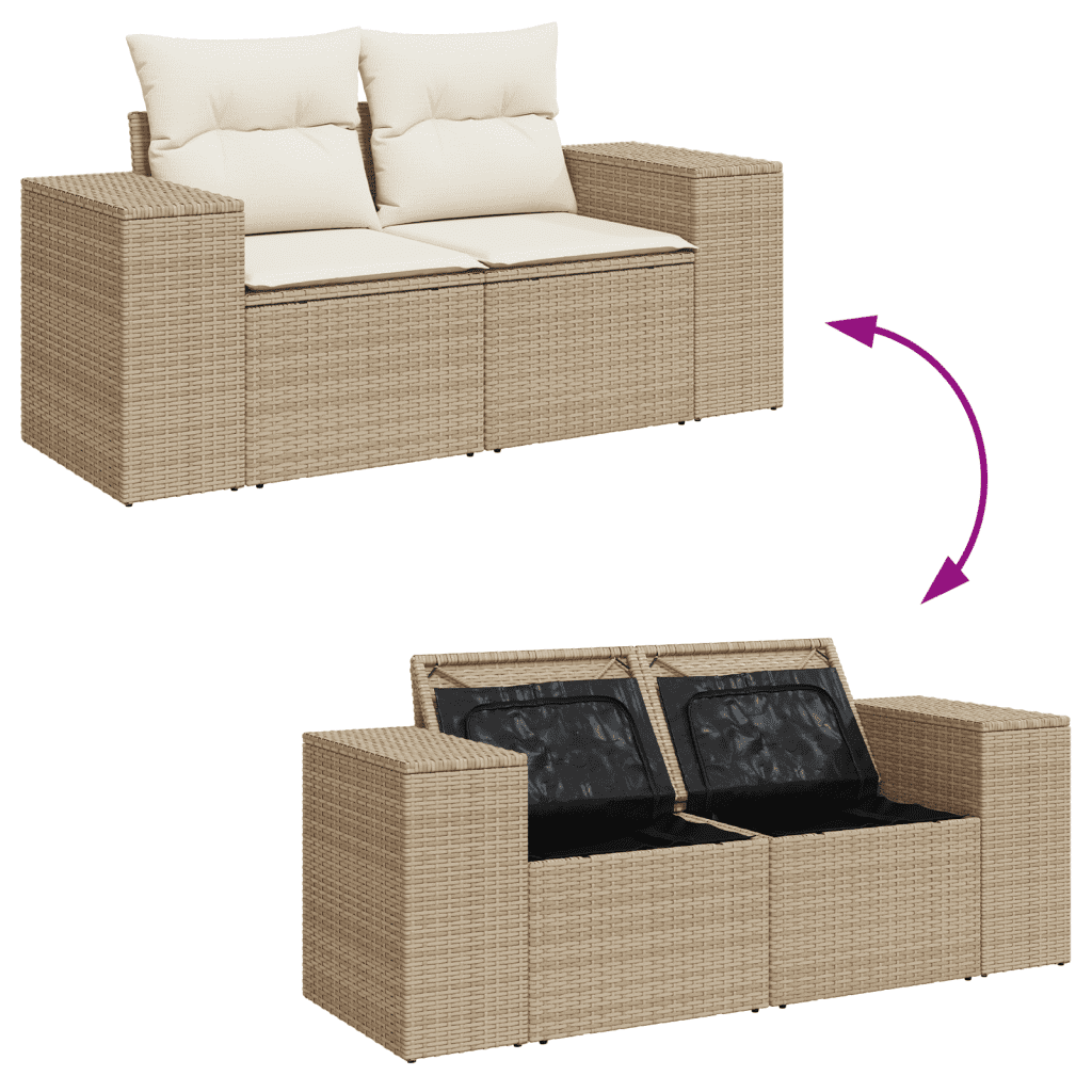 Salottino da esterno 5 pezzi beige in polyrattan con tavolo in vetro