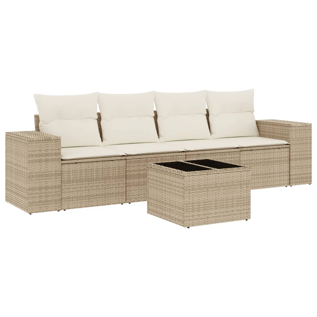 Salottino da esterno 5 pezzi beige in polyrattan con tavolo in vetro