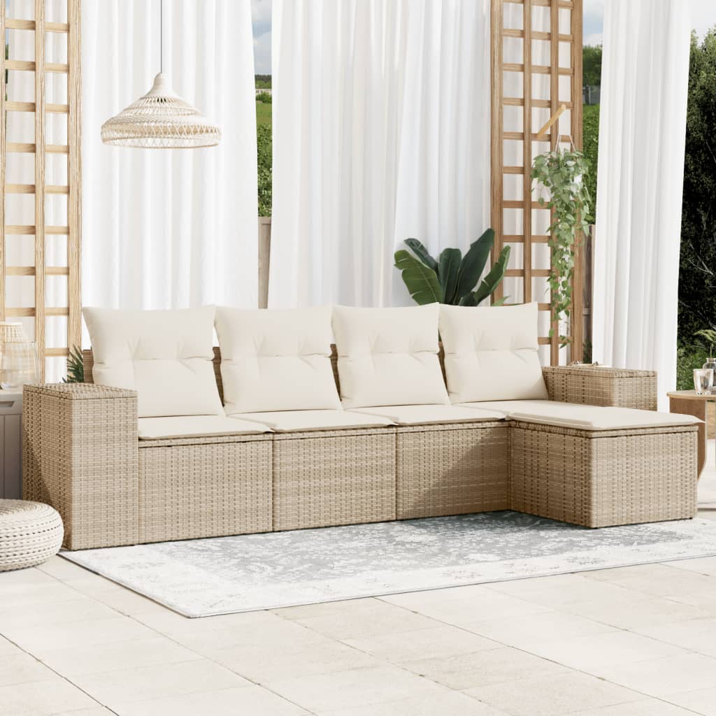 Set divano da esterno beige in polyrattan, 5 pezzi con cuscini