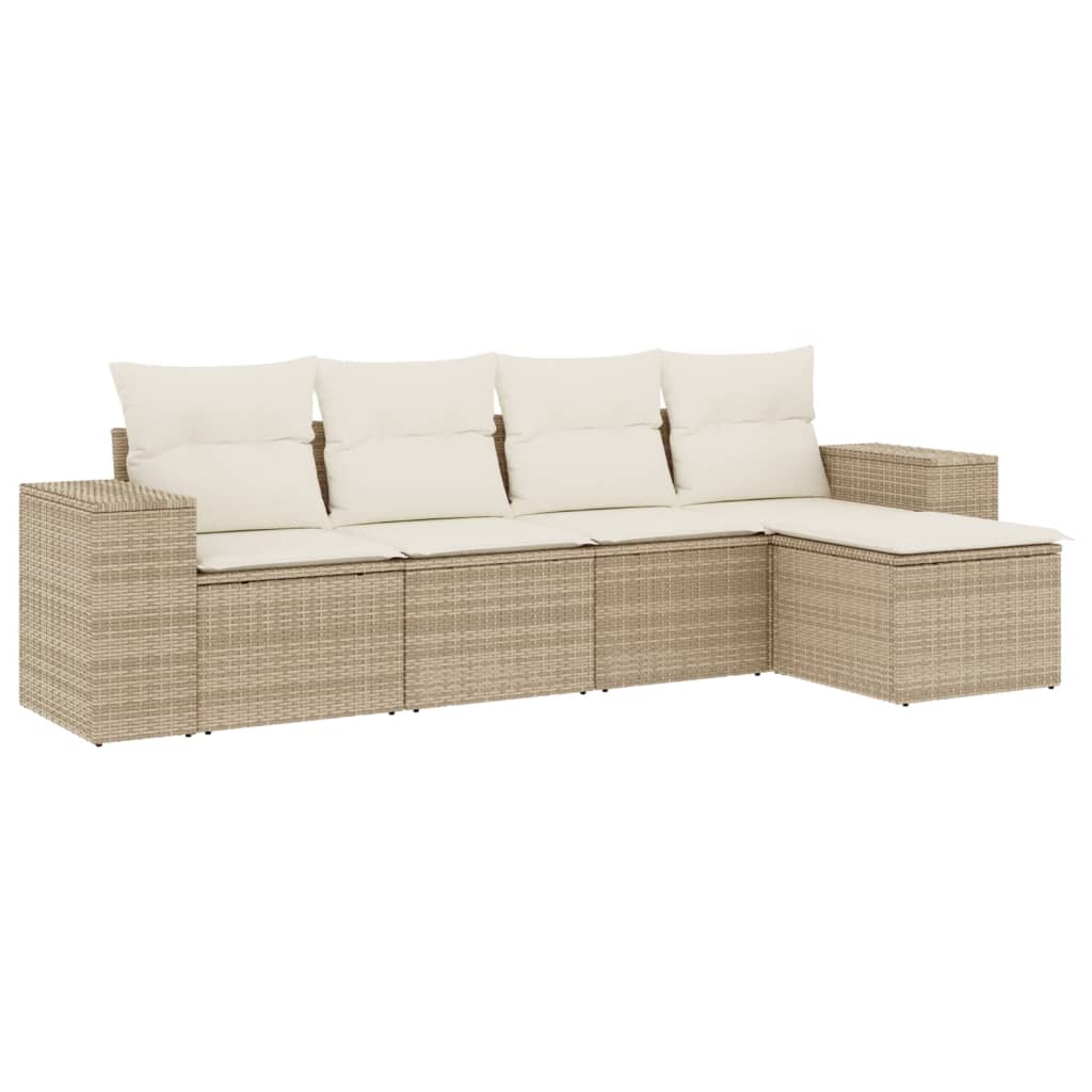 Set divano da esterno beige in polyrattan, 5 pezzi con cuscini