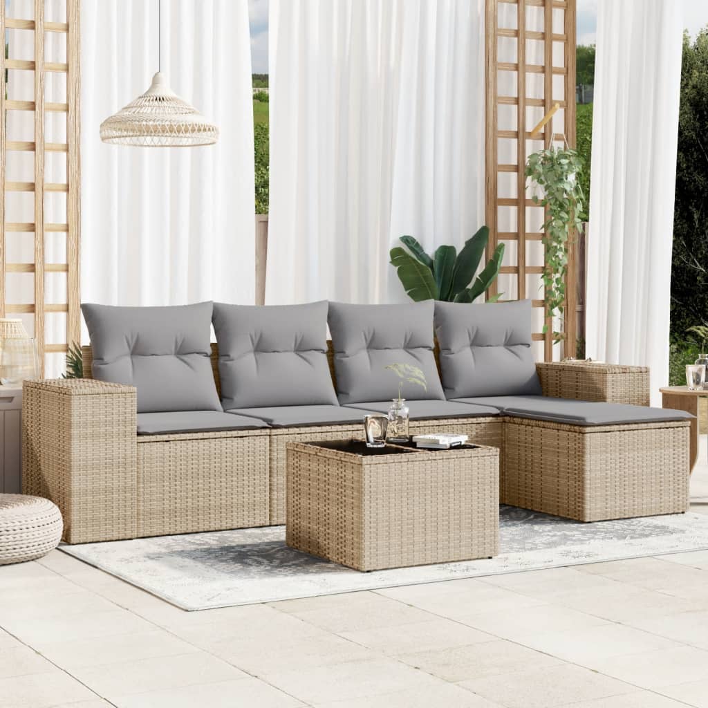 Salotto da giardino beige 6 pz in rattan PE con tavolino in vetro