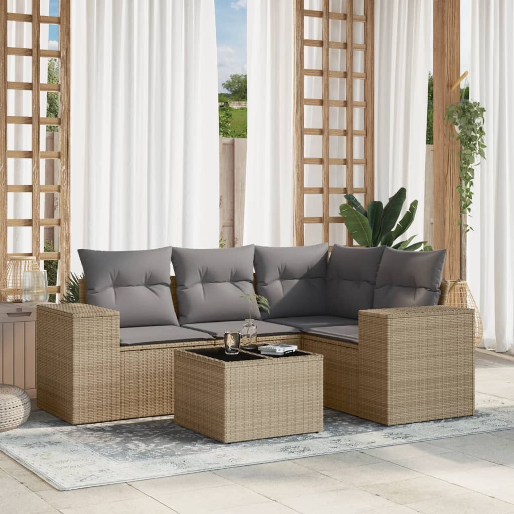 Set Divano da Giardino 5 pz con Cuscini Beige in Polyrattan 2