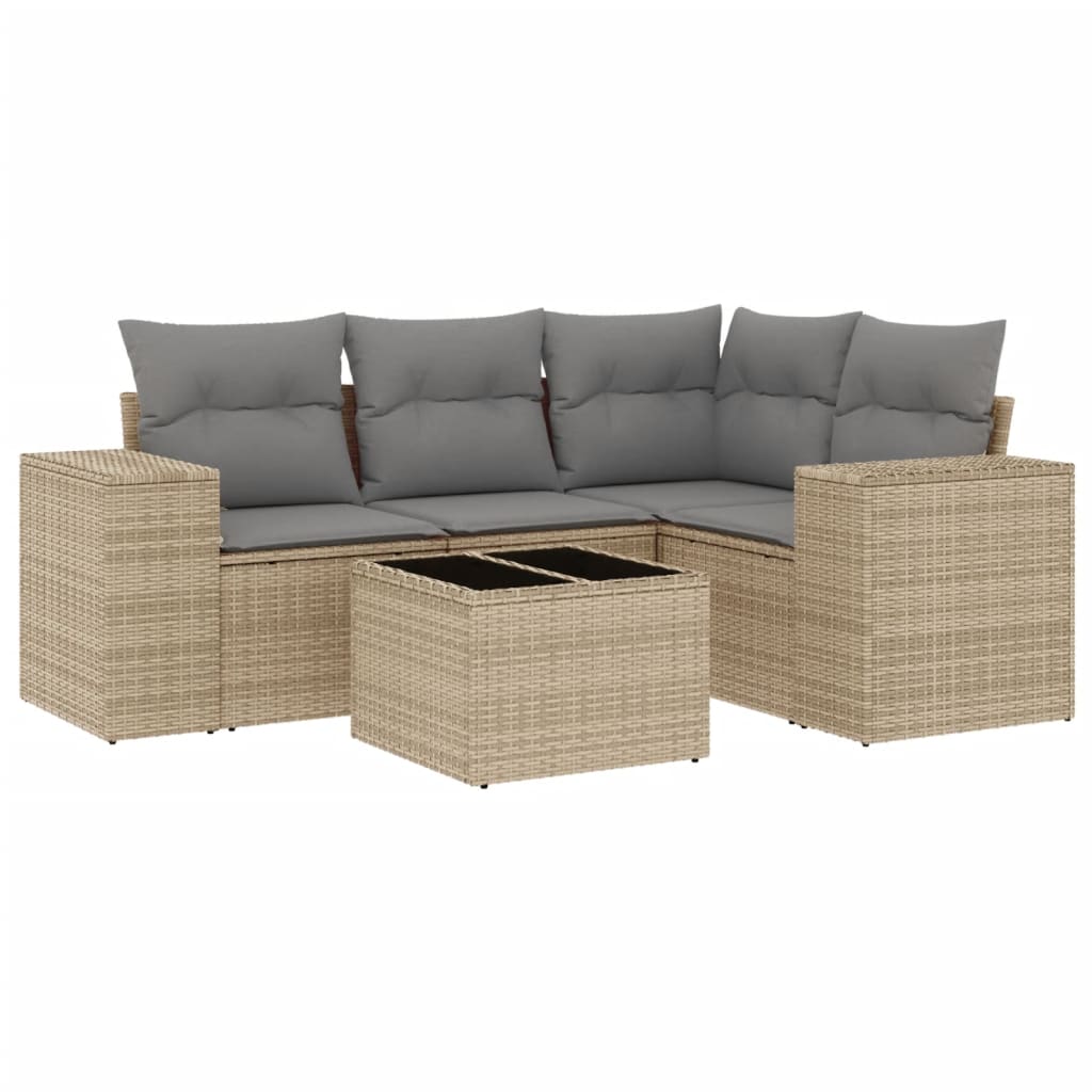 Set Divano da Giardino 5 pz con Cuscini Beige in Polyrattan 2