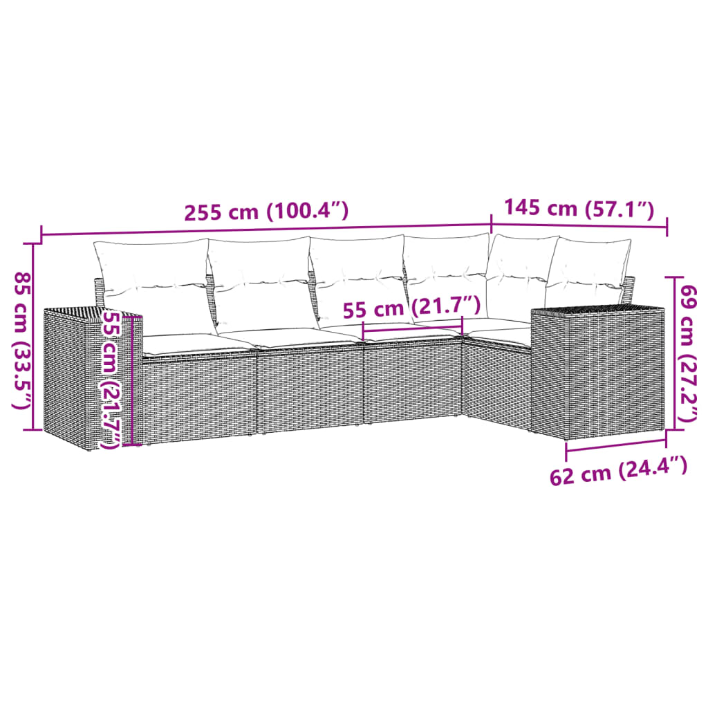 Set Divano da Giardino 5 pz con Cuscini Beige in Polyrattan